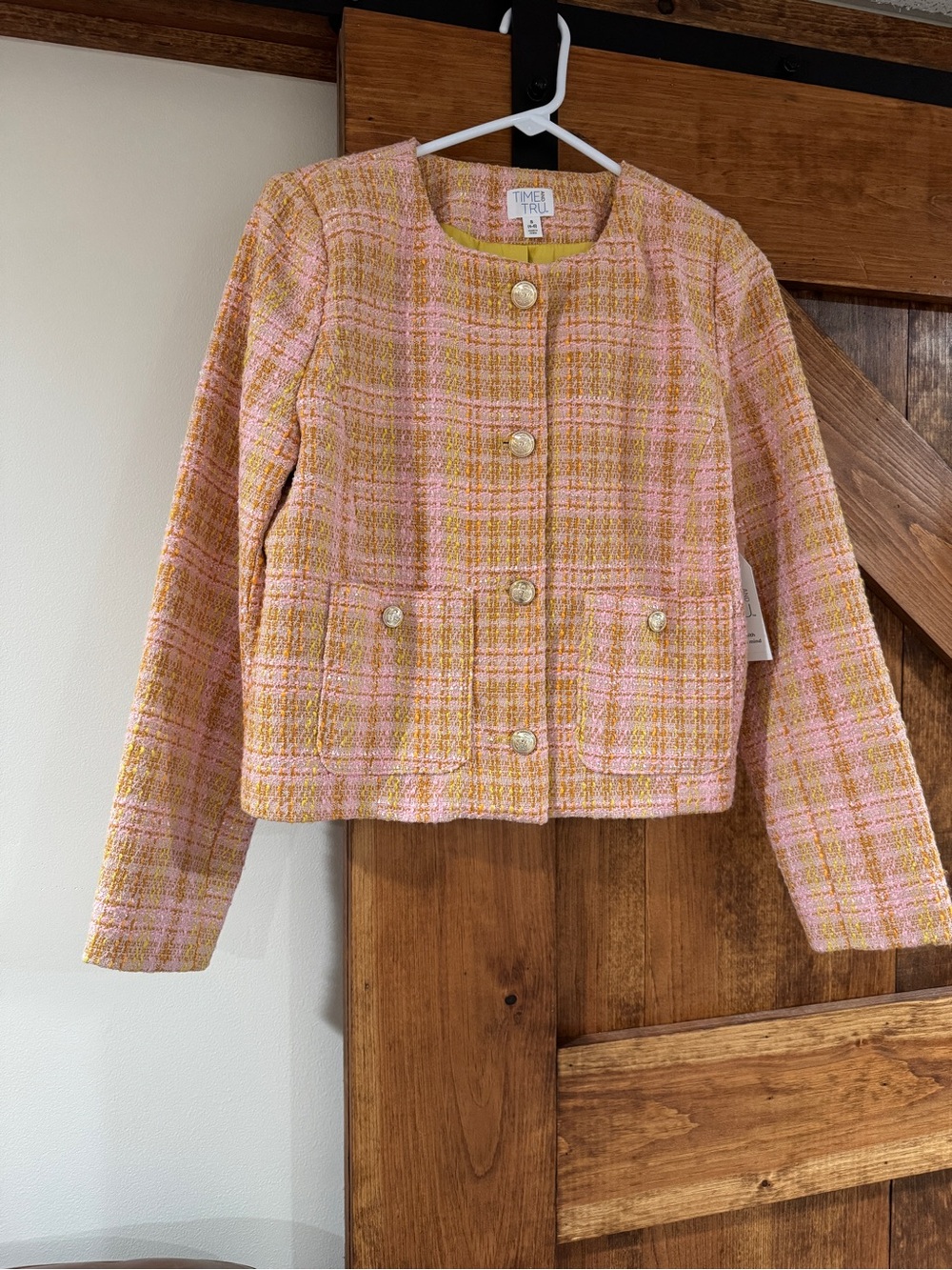 Time and Tru Pink and Yellow Tweed Blazer Jacket